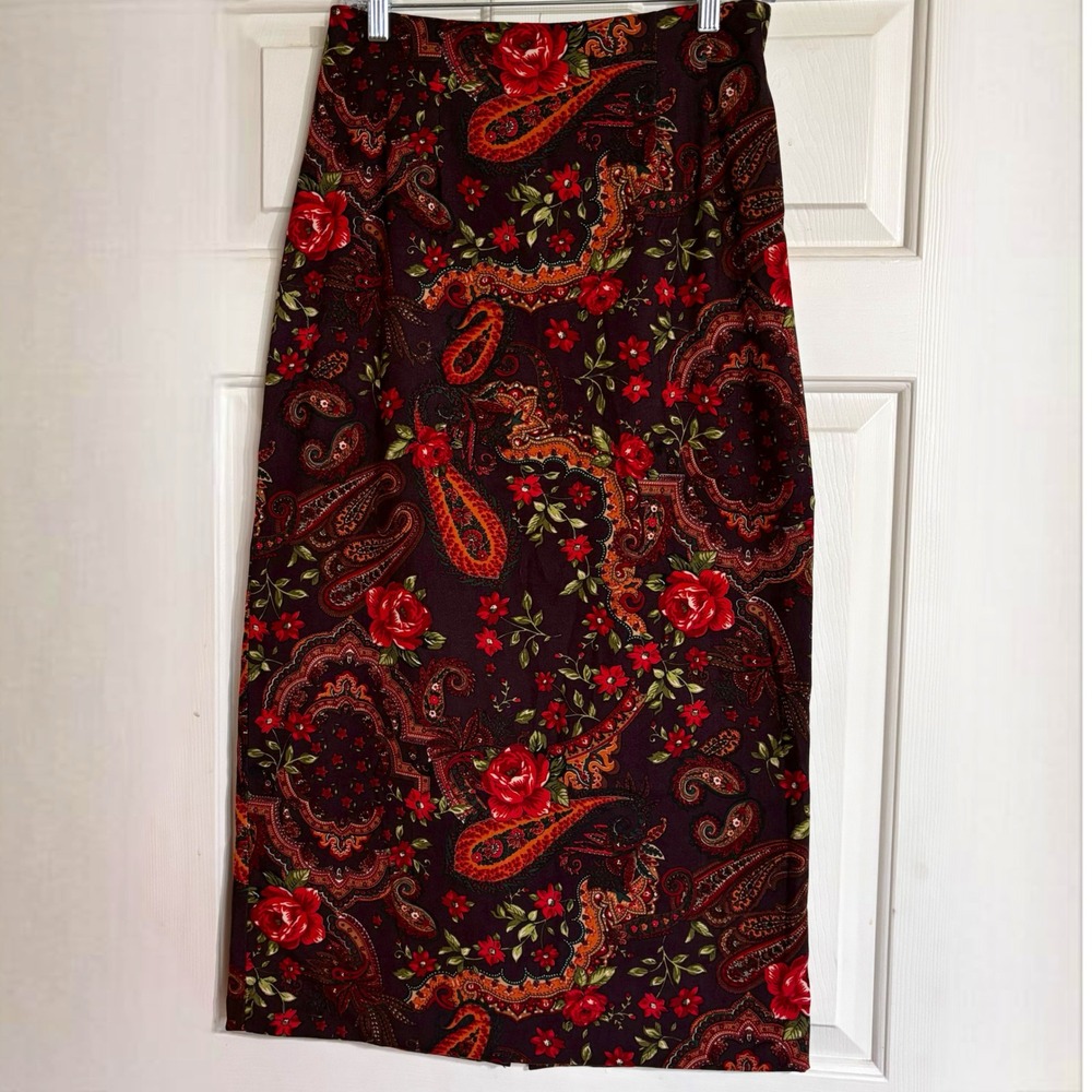 Briggs New York Midi Skirt Women 8 Brown Red Paisley Floral Vintage 90s Y2K
